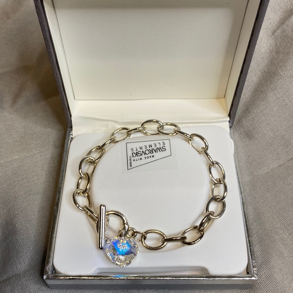 Women’s metal sliver color Swarovski crystal heart charm bracelet jewelry w/box